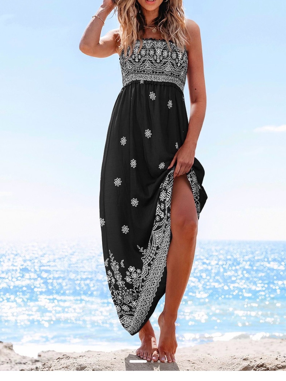 CUPSHE-Strapless Black & White Beach Maxi Dress
